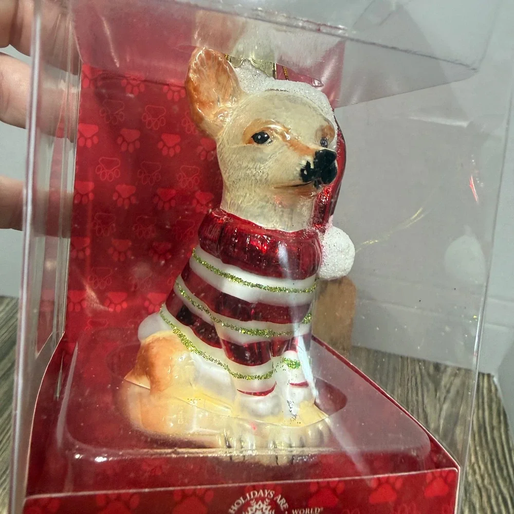 Kurt S Adler Glass Chihuahua Christmas Ornament Red Striped Sweater Santa Hat
